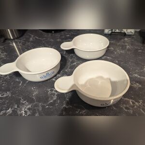 CorningWare Blue Cornflower Small handle bowls (2) No Cornflower (1) and 1 lid